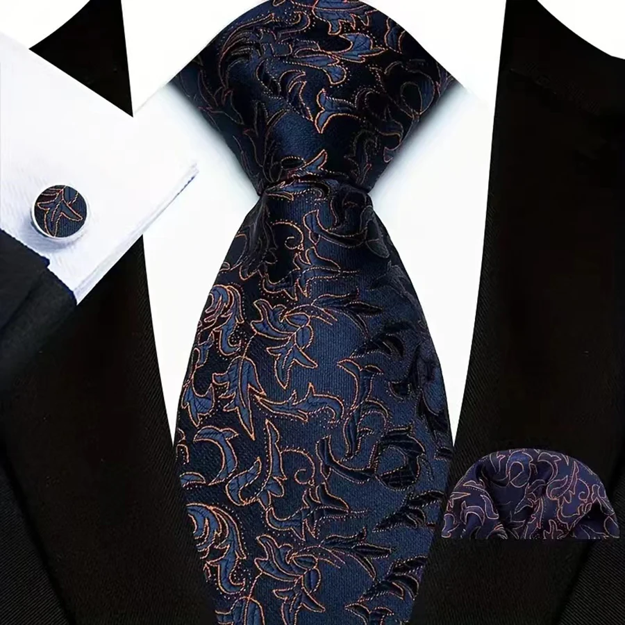 Men's Ties Handkerchief Cufflinks Set Tuxedo Accessories Luxury Brown Stripes Dot Floral Neckties For Party Dinner Wedding