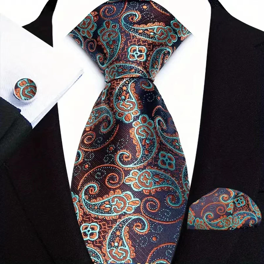 Men's Ties Handkerchief Cufflinks Set Tuxedo Accessories Luxury Brown Stripes Dot Floral Neckties For Party Dinner Wedding