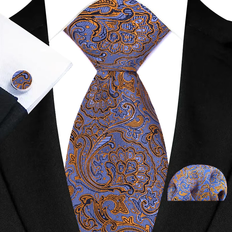Men's Ties Handkerchief Cufflinks Set Tuxedo Accessories Luxury Brown Stripes Dot Floral Neckties For Party Dinner Wedding