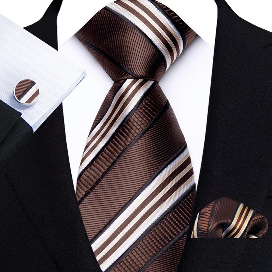 Men's Ties Handkerchief Cufflinks Set Tuxedo Accessories Luxury Brown Stripes Dot Floral Neckties For Party Dinner Wedding