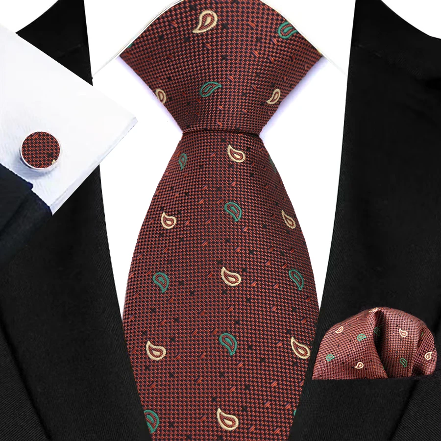 Men's Ties Handkerchief Cufflinks Set Tuxedo Accessories Luxury Brown Stripes Dot Floral Neckties For Party Dinner Wedding