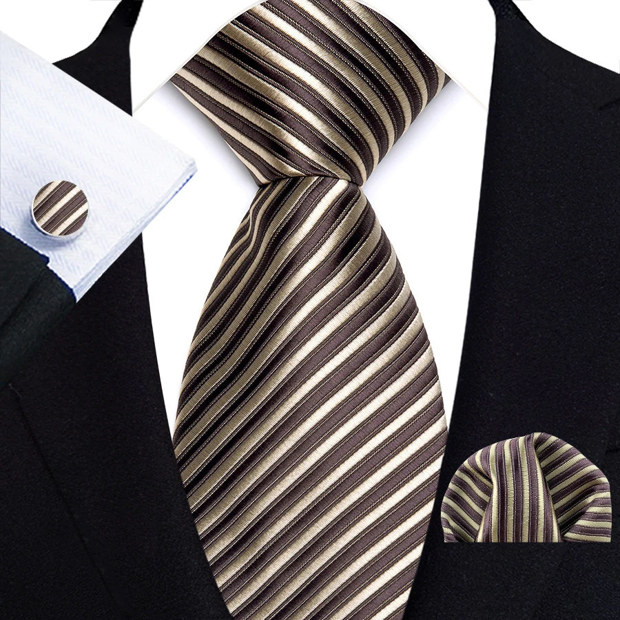 Men's Ties Handkerchief Cufflinks Set Tuxedo Accessories Luxury Brown Stripes Dot Floral Neckties For Party Dinner Wedding