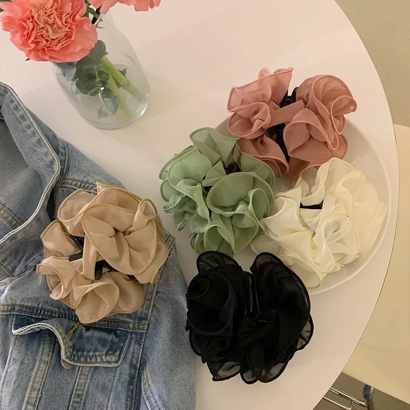 1pc Korean simple mesh flower hair clip updo elegant shark clip back of head hair accessory creative ins hair decoration