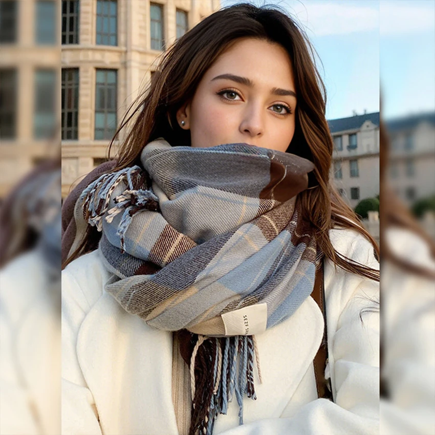 1 pc Fashionable and warm British plaid scarf for autumn and winter, retro and versatile plaid tassel shawl neck scarf, suitable