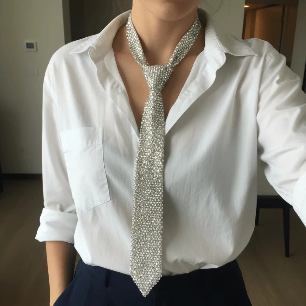 High Quality Fashion White Shiny Rhinestone Necktie Luxury Pre-Tied Crystal Neck Tie Elastic Elegant Costume JK Tie Prom