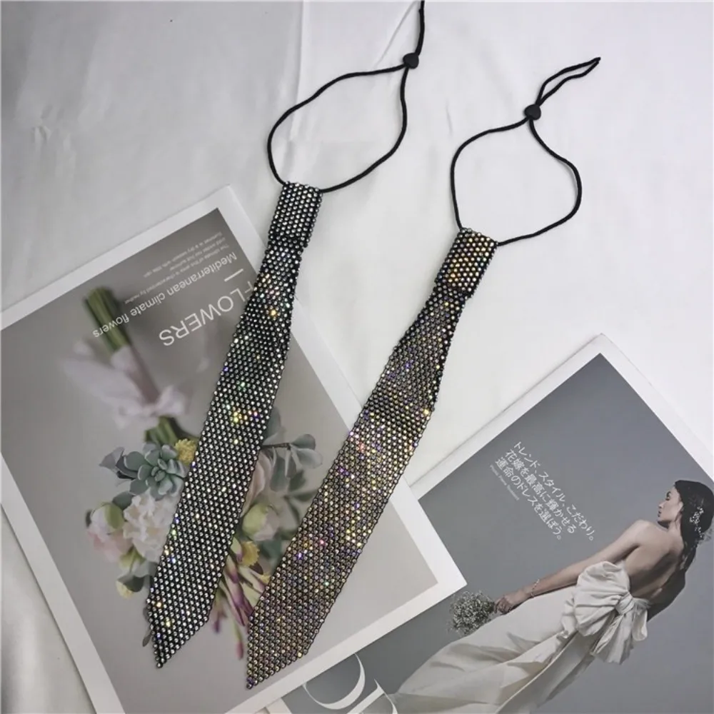 High Quality Fashion White Shiny Rhinestone Necktie Luxury Pre-Tied Crystal Neck Tie Elastic Elegant Costume JK Tie Prom