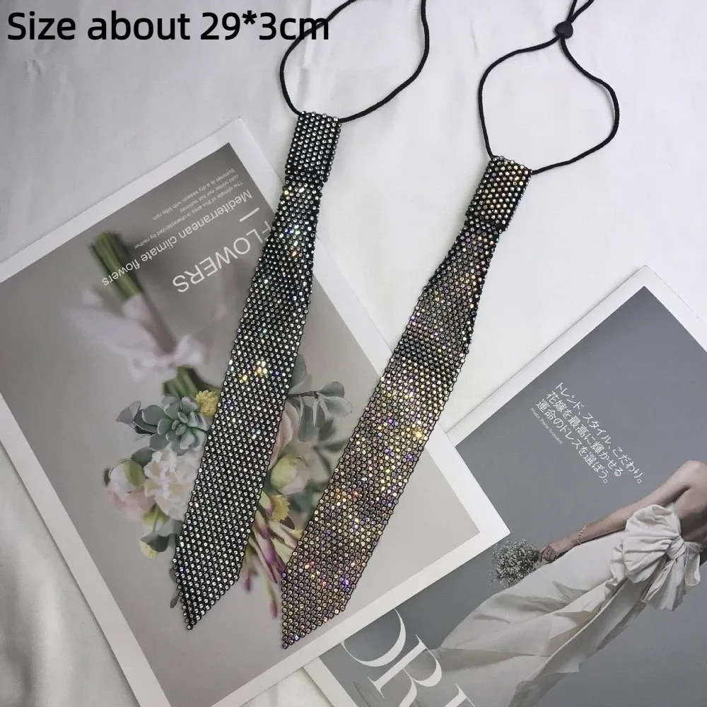 High Quality Fashion White Shiny Rhinestone Necktie Luxury Pre-Tied Crystal Neck Tie Elastic Elegant Costume JK Tie Prom
