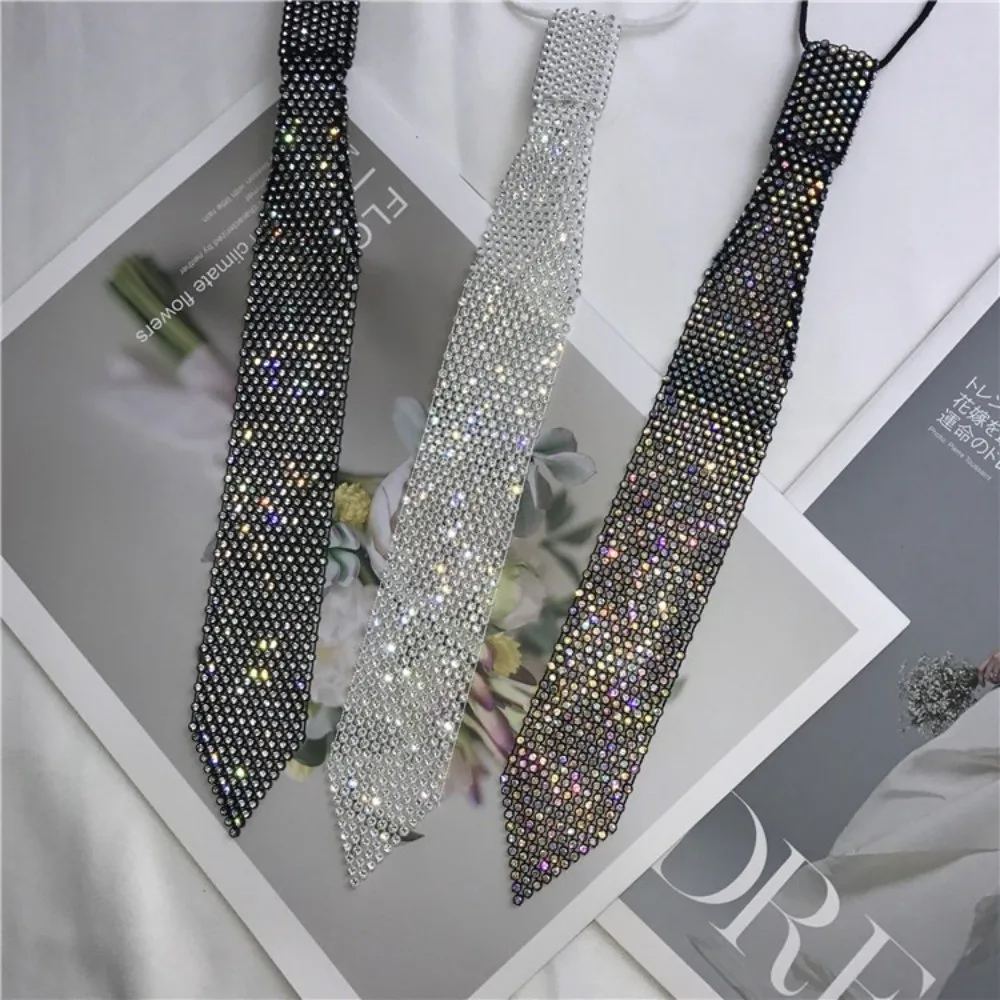 High Quality Fashion White Shiny Rhinestone Necktie Luxury Pre-Tied Crystal Neck Tie Elastic Elegant Costume JK Tie Prom