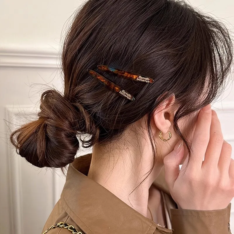 2pcs Korean style acetate golden label small willow leaf hair clip, French simple and elegant temperament side hair clip, bangs