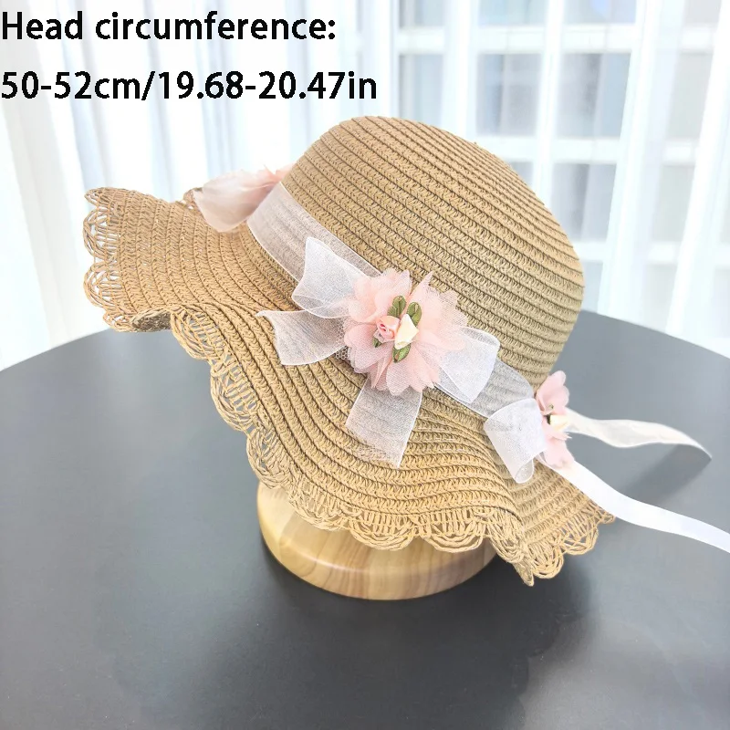 Girls 2pcs Straw Hat Solid Color Outdoor Travel Sun Hat Floral Fisherman Style Children's Fashion Accessory for Girls
