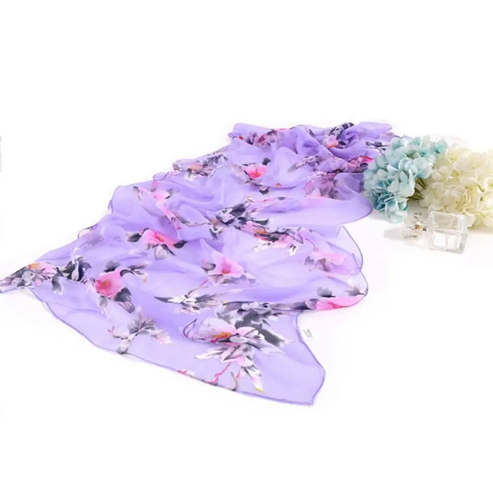 Summer Embroidered Silk Scarf Sun-Resistant Breathable Long Wraps Smooth Chiffon Sunscreen Hijab for Women
