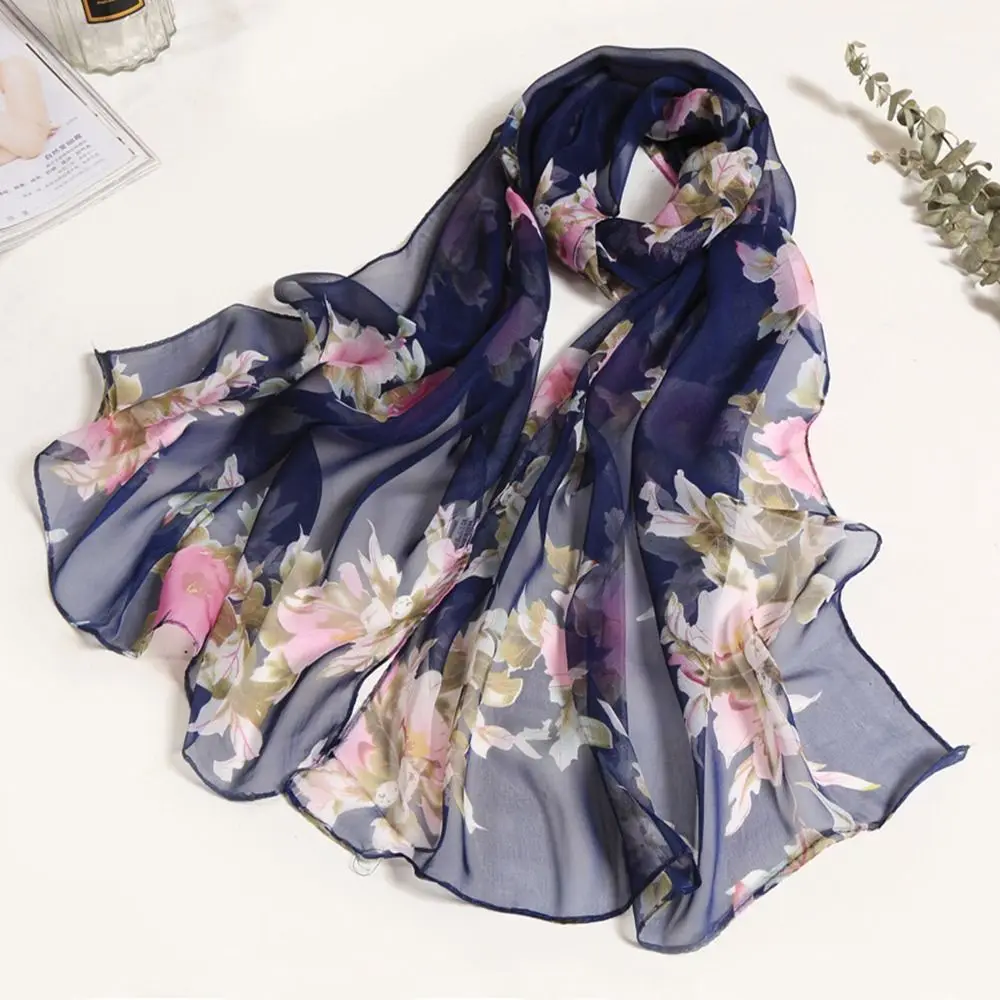Summer Embroidered Silk Scarf Sun-Resistant Breathable Long Wraps Smooth Chiffon Sunscreen Hijab for Women