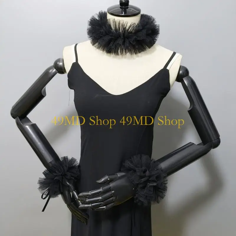 49MD Renaissances Victorian Neck Ruff Mesh Ruffled False Collar and Wrist Cuffs for Historical Themed Event Colonial Costume