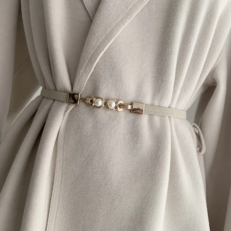 Elegant Double Pearls Buckle Elastic Women Belts Black Thin Straps Lady Girl Dress Skirt Decor Waistbands