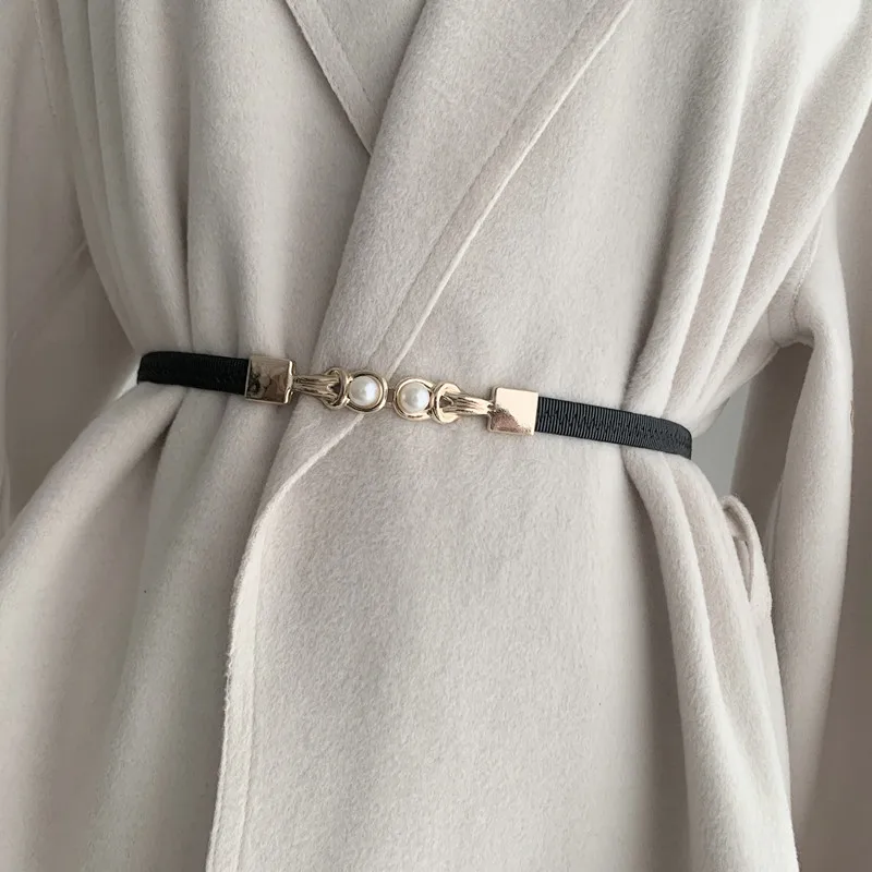 Elegant Double Pearls Buckle Elastic Women Belts Black Thin Straps Lady Girl Dress Skirt Decor Waistbands