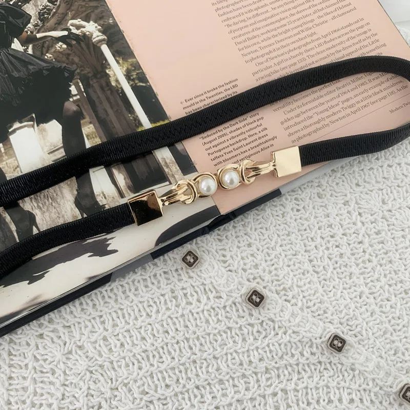 Elegant Double Pearls Buckle Elastic Women Belts Black Thin Straps Lady Girl Dress Skirt Decor Waistbands