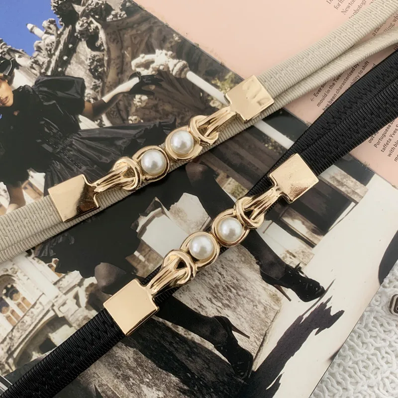 Elegant Double Pearls Buckle Elastic Women Belts Black Thin Straps Lady Girl Dress Skirt Decor Waistbands
