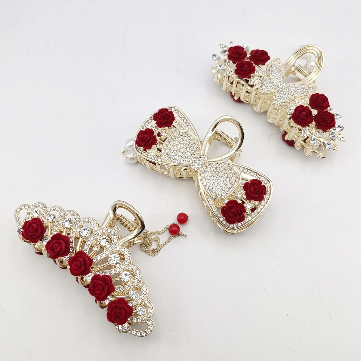 Fashion Romatics Fashion Antique Red Roses Flowers Hair Claws For Women DiamondMetal Hair Accessories