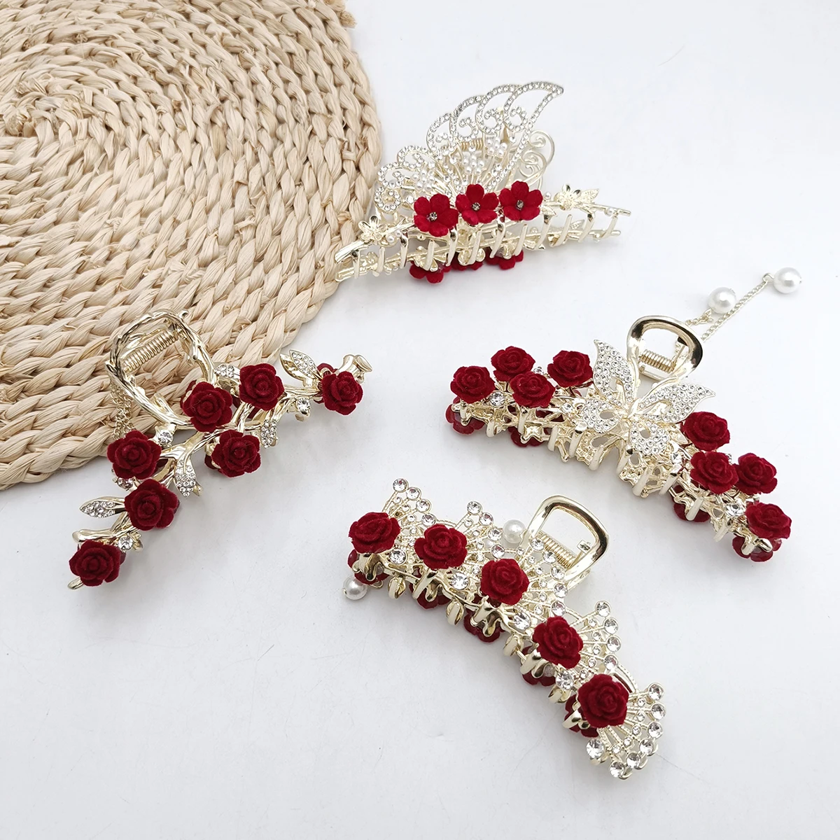Fashion Romatics Fashion Antique Red Roses Flowers Hair Claws For Women DiamondMetal Hair Accessories