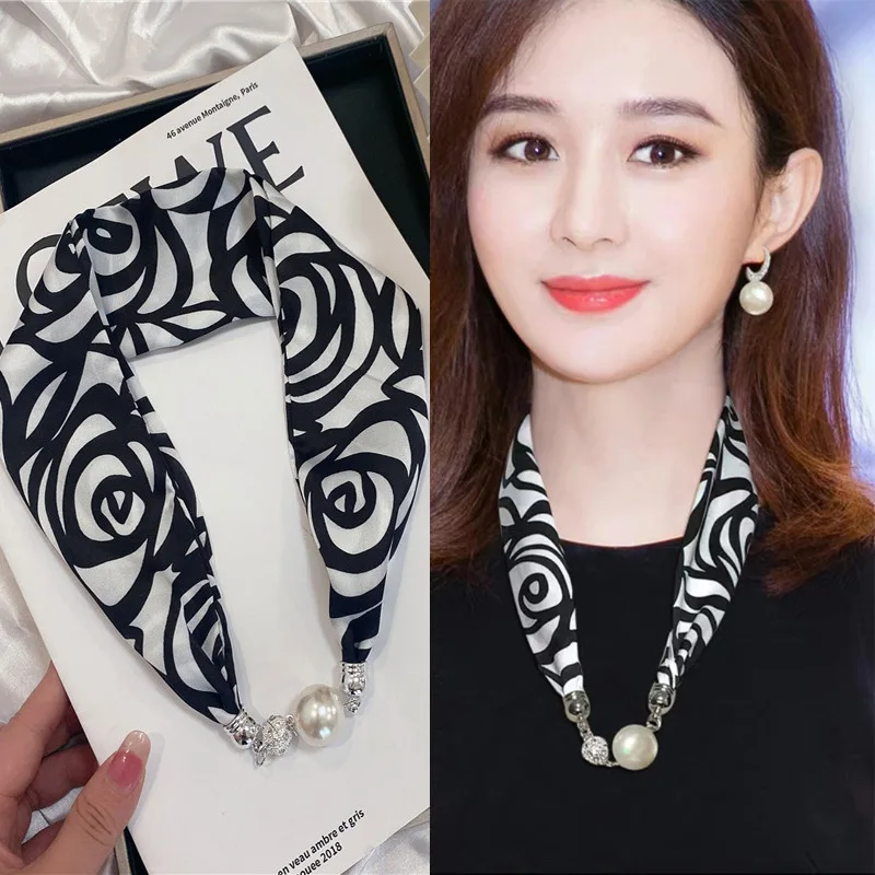New Summer Pearl Decoration Magnetic Buckle Silk Scarf Versatile Neck Protection Fashionable High End Matching Shirt Scarf Lady