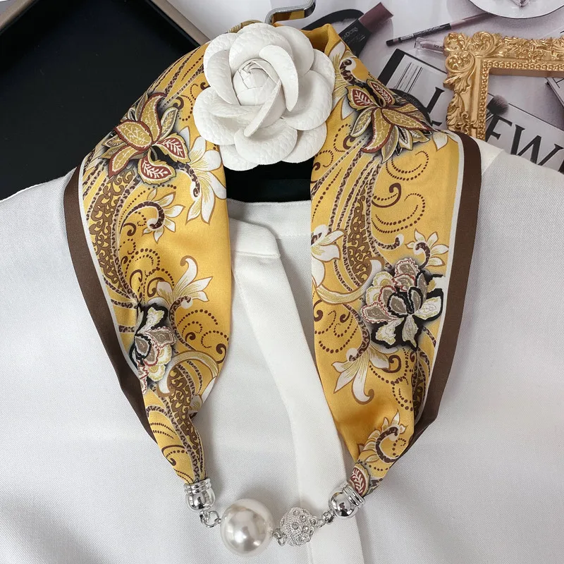 New Summer Pearl Decoration Magnetic Buckle Silk Scarf Versatile Neck Protection Fashionable High End Matching Shirt Scarf Lady