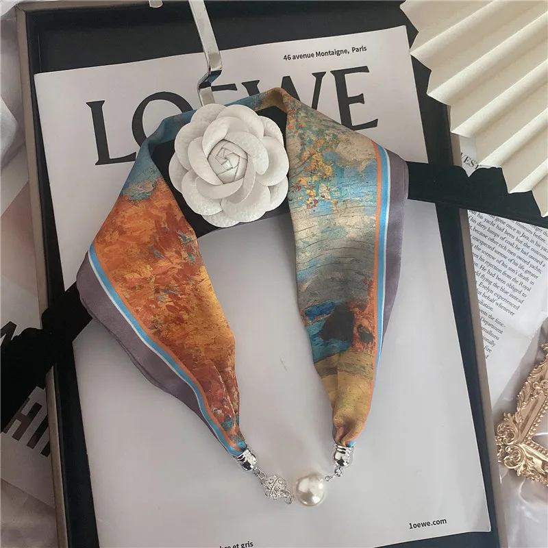 New Summer Pearl Decoration Magnetic Buckle Silk Scarf Versatile Neck Protection Fashionable High End Matching Shirt Scarf Lady