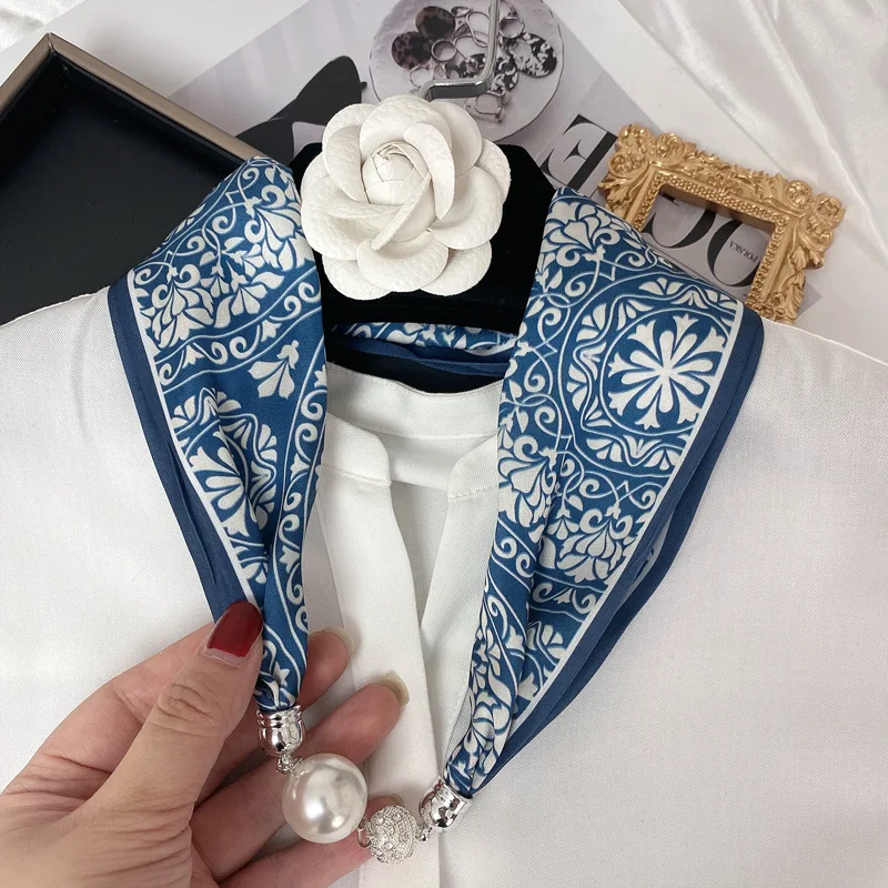 New Summer Pearl Decoration Magnetic Buckle Silk Scarf Versatile Neck Protection Fashionable High End Matching Shirt Scarf Lady