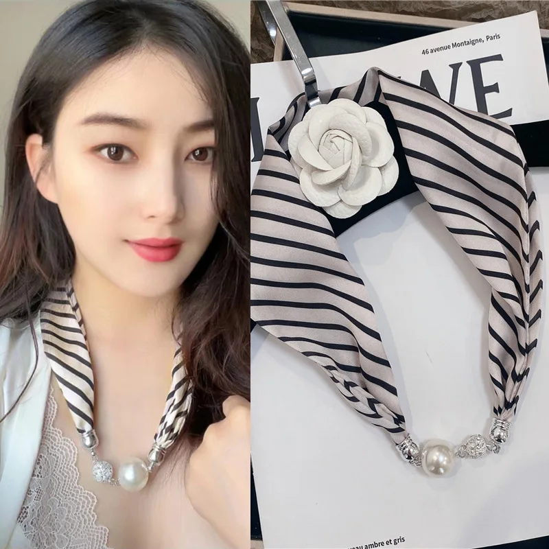 New Summer Pearl Decoration Magnetic Buckle Silk Scarf Versatile Neck Protection Fashionable High End Matching Shirt Scarf Lady