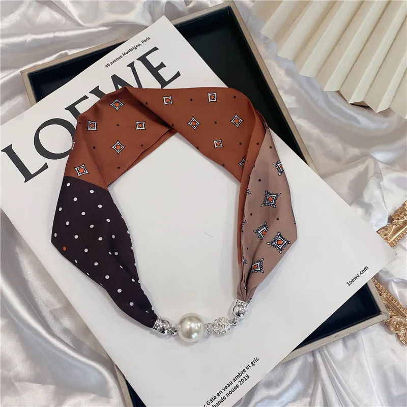 New Summer Pearl Decoration Magnetic Buckle Silk Scarf Versatile Neck Protection Fashionable High End Matching Shirt Scarf Lady