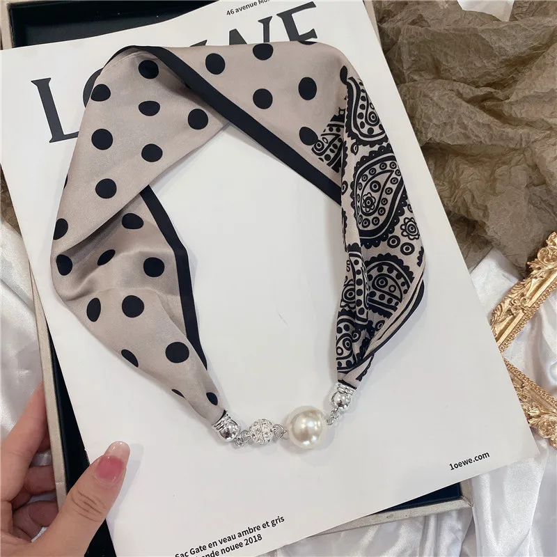 New Summer Pearl Decoration Magnetic Buckle Silk Scarf Versatile Neck Protection Fashionable High End Matching Shirt Scarf Lady