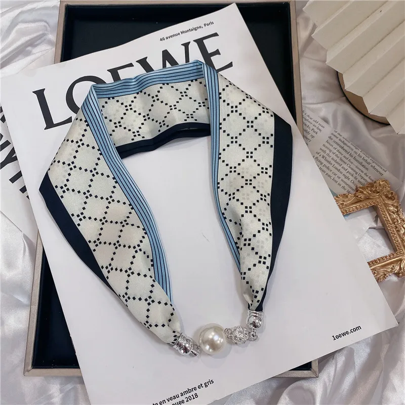 New Summer Pearl Decoration Magnetic Buckle Silk Scarf Versatile Neck Protection Fashionable High End Matching Shirt Scarf Lady