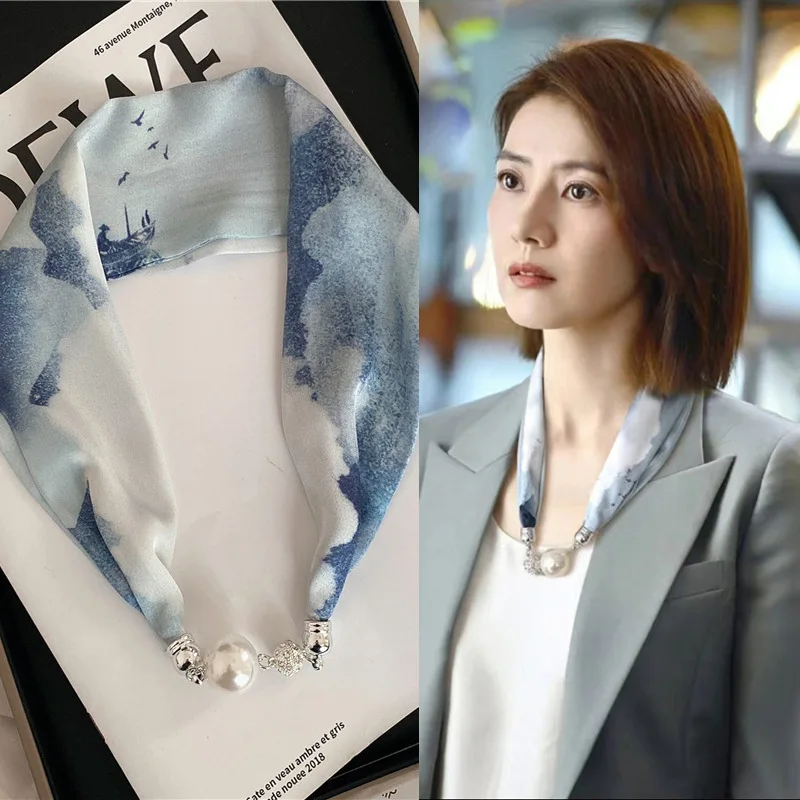 New Summer Pearl Decoration Magnetic Buckle Silk Scarf Versatile Neck Protection Fashionable High End Matching Shirt Scarf Lady
