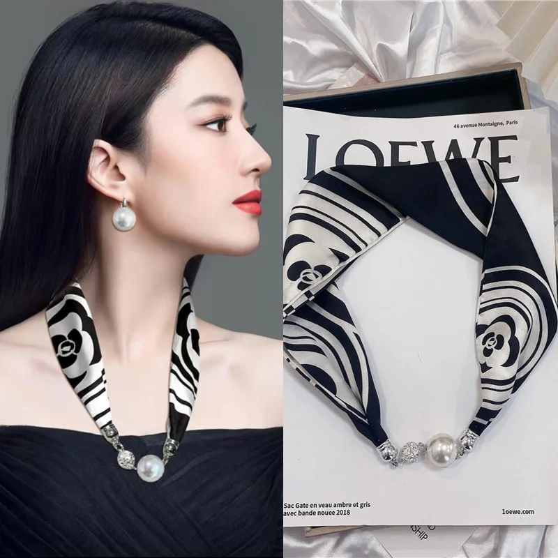 New Summer Pearl Decoration Magnetic Buckle Silk Scarf Versatile Neck Protection Fashionable High End Matching Shirt Scarf Lady