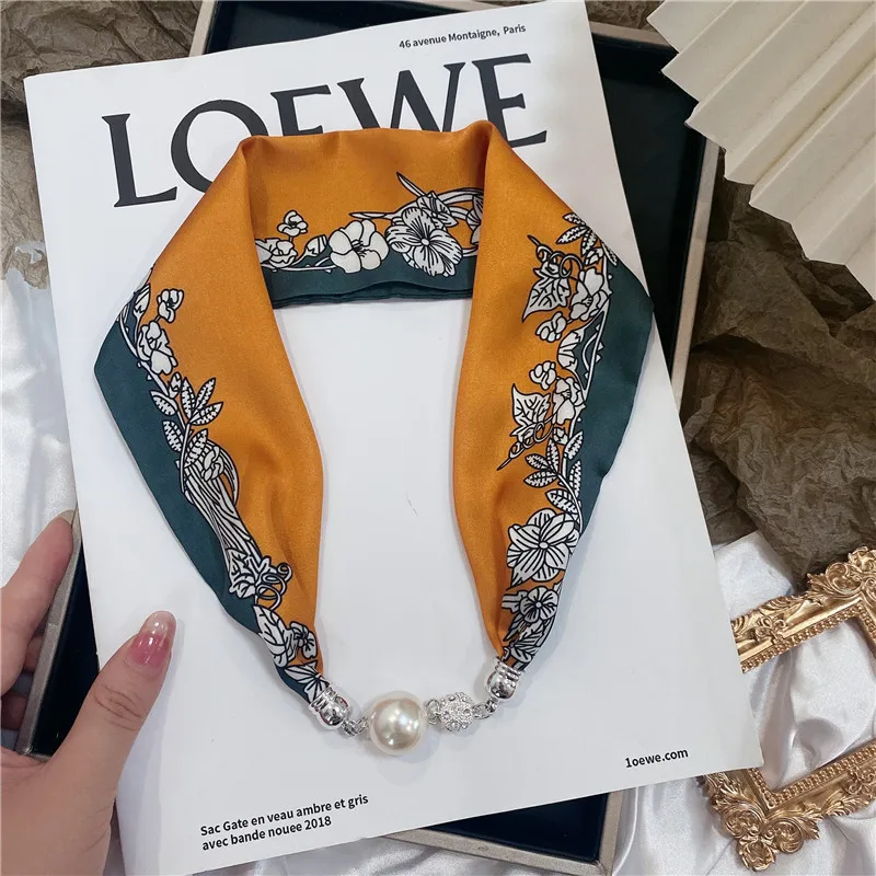 New Summer Pearl Decoration Magnetic Buckle Silk Scarf Versatile Neck Protection Fashionable High End Matching Shirt Scarf Lady