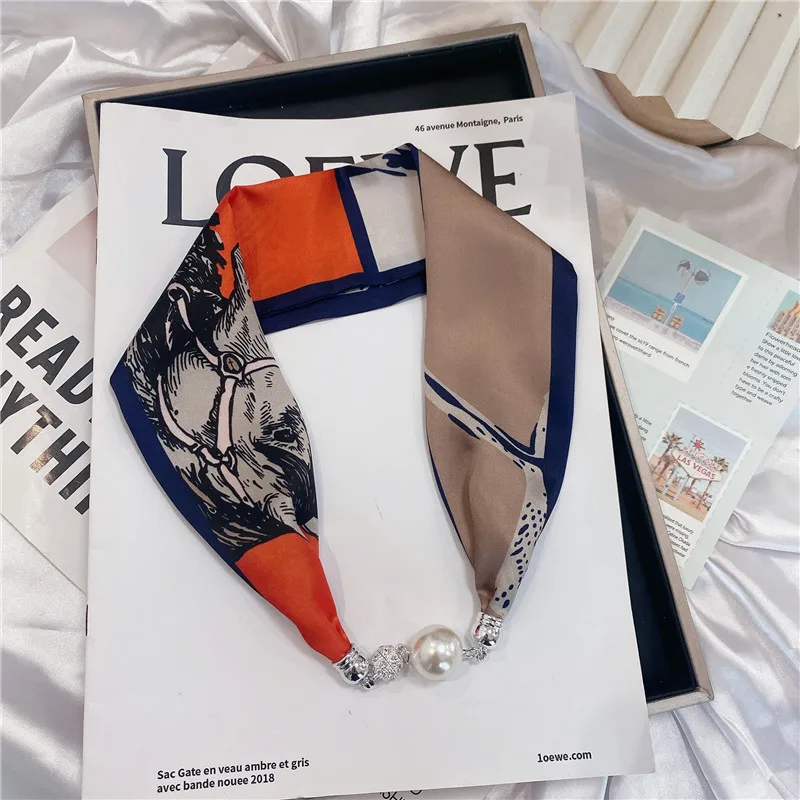 New Summer Pearl Decoration Magnetic Buckle Silk Scarf Versatile Neck Protection Fashionable High End Matching Shirt Scarf Lady
