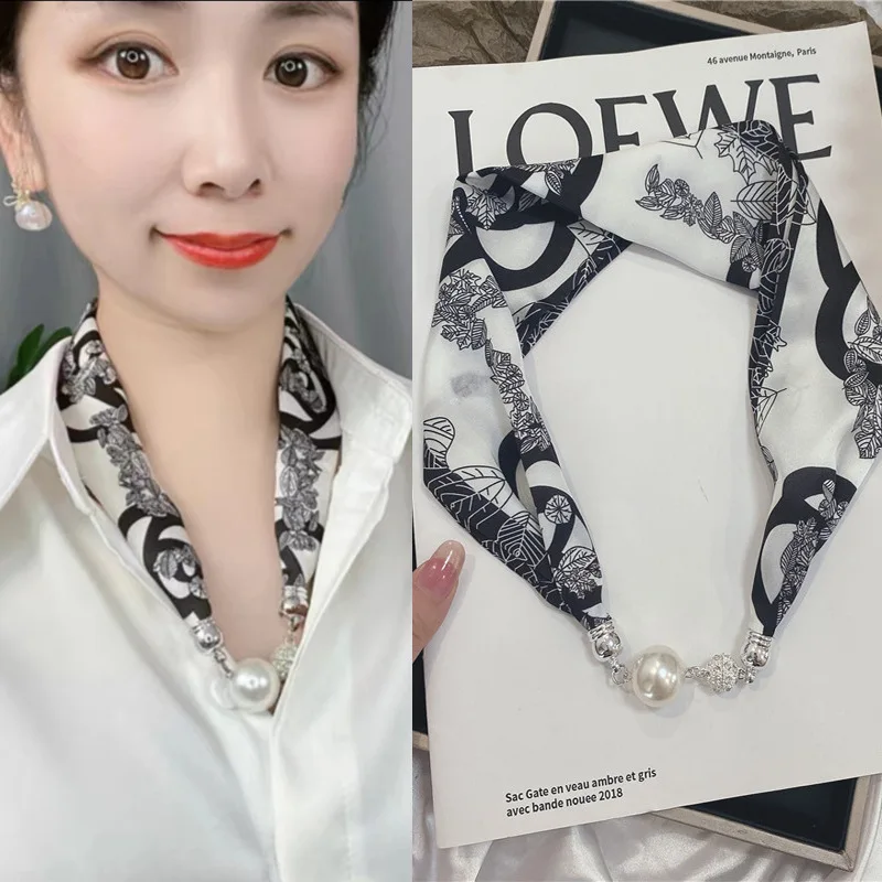 New Summer Pearl Decoration Magnetic Buckle Silk Scarf Versatile Neck Protection Fashionable High End Matching Shirt Scarf Lady