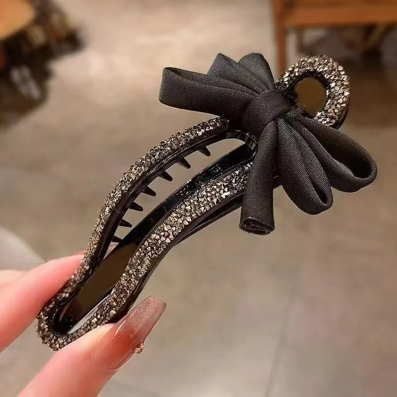 Rhinestone Duckbill Clip Classic Black Bow Convenient Hairpin Versatile Fashion Girls Hairpin Hair Accessories