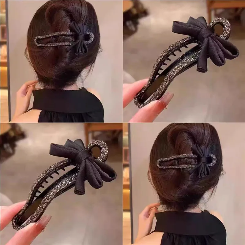 Rhinestone Duckbill Clip Classic Black Bow Convenient Hairpin Versatile Fashion Girls Hairpin Hair Accessories