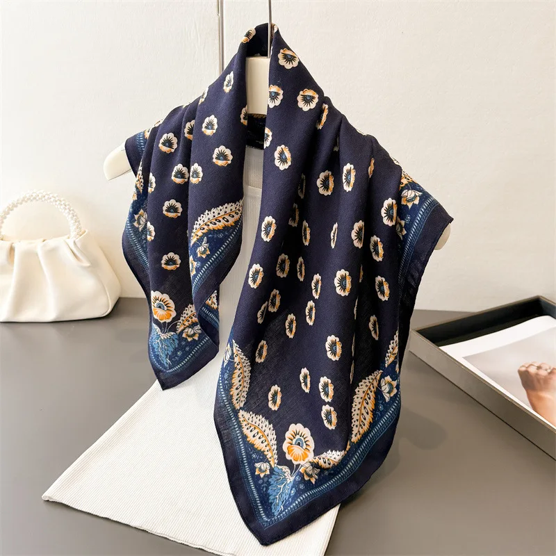 Trendy Print Square Scarf For Women Cotton Velvet Neck Scarf Shawl Warp Elegant Neckerchief Bandanas Ladies Hijab