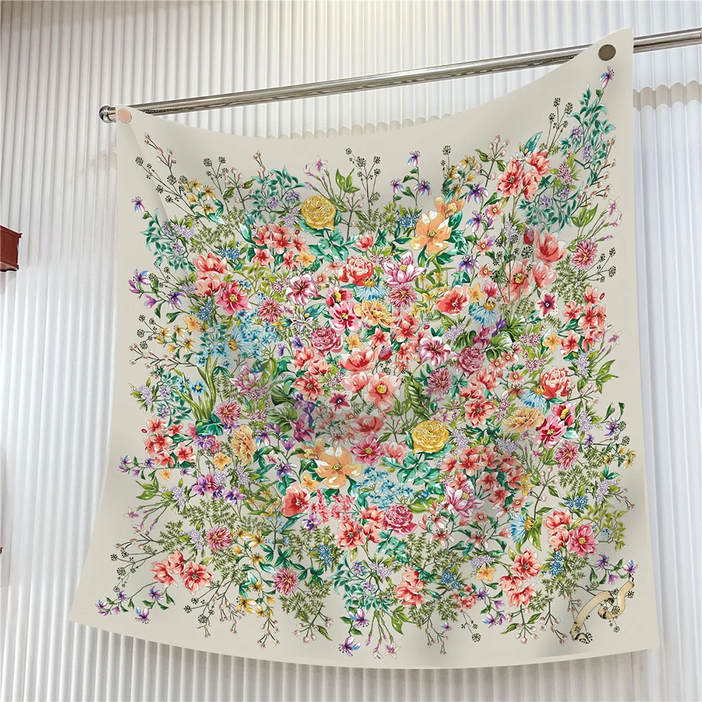 New 90cm Twill Silk Scarf Shawl Luxury Brand Flowers Print Square Scarf Women Hijabs Bandana Foulard Neckerchief Head Scarves