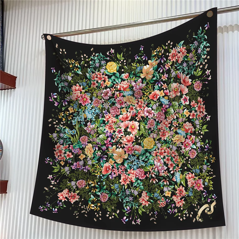 New 90cm Twill Silk Scarf Shawl Luxury Brand Flowers Print Square Scarf Women Hijabs Bandana Foulard Neckerchief Head Scarves
