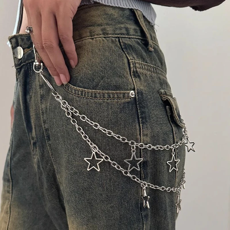 1pc Star Double Layer Waist Chain Mens Decorative Pant Chain Jeans Trouser Chains Hip Hop Rock Chain Punk Retro Belt Chain