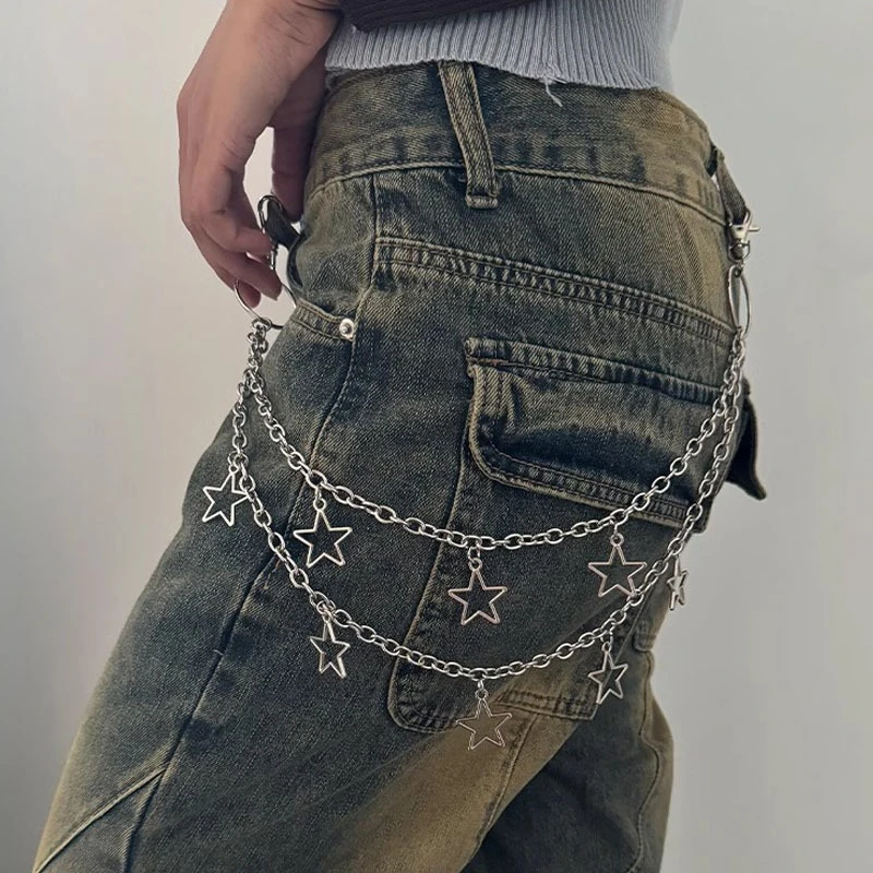 1pc Star Double Layer Waist Chain Mens Decorative Pant Chain Jeans Trouser Chains Hip Hop Rock Chain Punk Retro Belt Chain