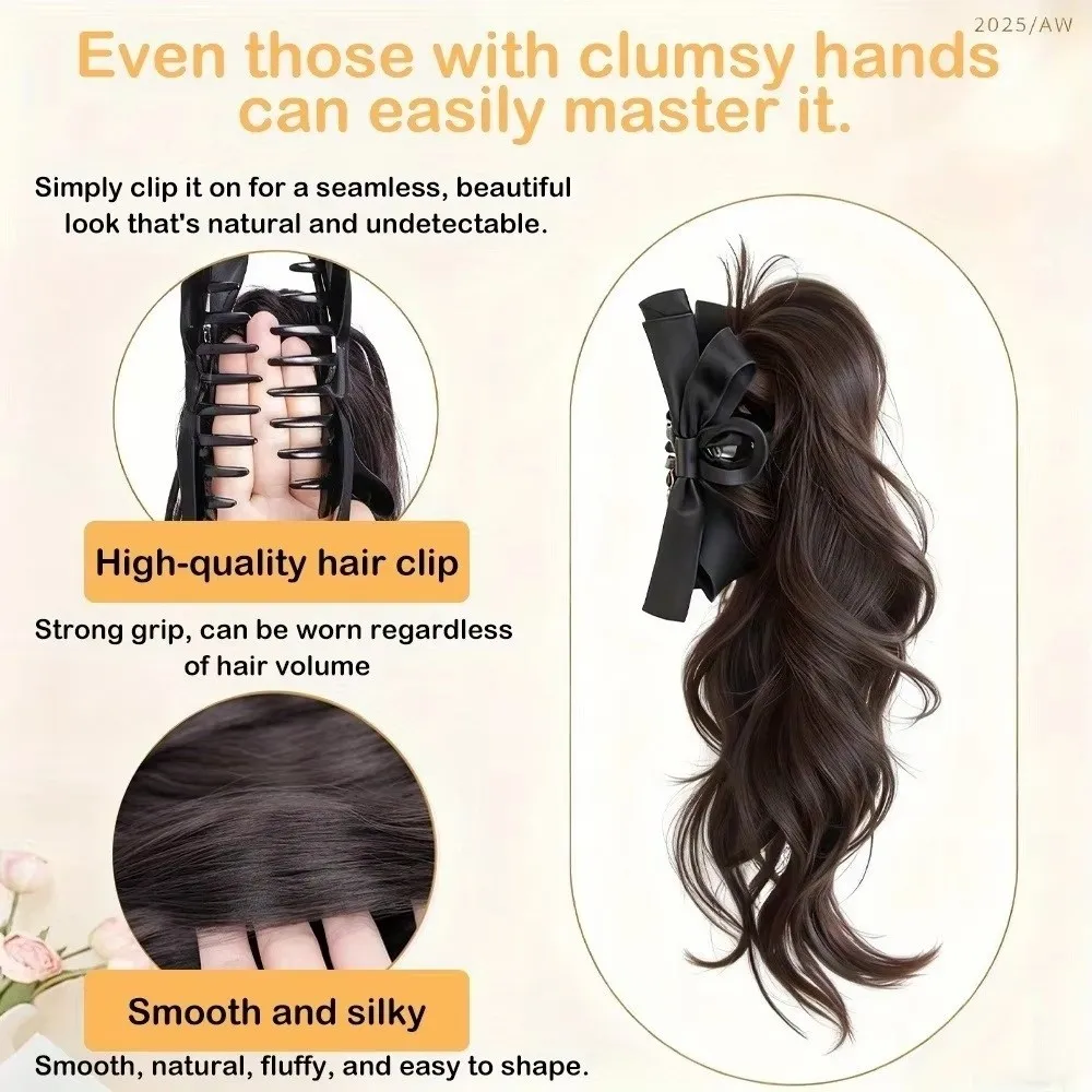 14inch Bow Tie Claw Ponytail Wig Synthetic Fluffy Ribbon Clip Ponytail Natural Long Curly High Ponytail Ponytail Hair Extensions