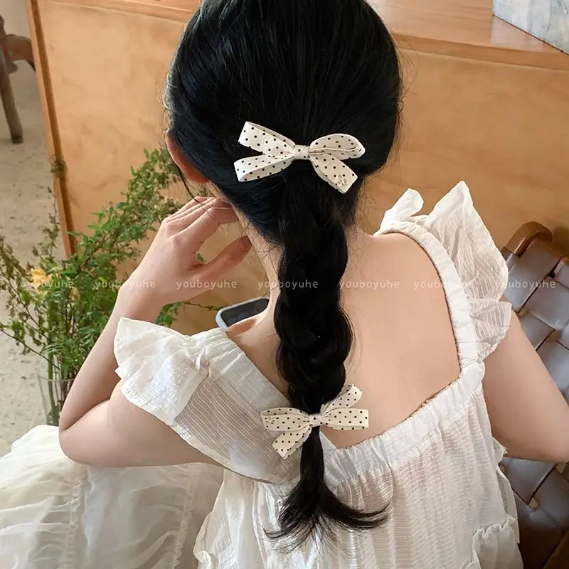 2pcs Sweet polka dot bow hair clip, side clip, French retro, niche, high-end bangs clip, bow hair accessory