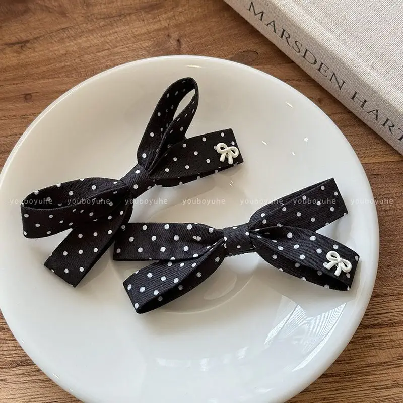 2pcs Sweet polka dot bow hair clip, side clip, French retro, niche, high-end bangs clip, bow hair accessory