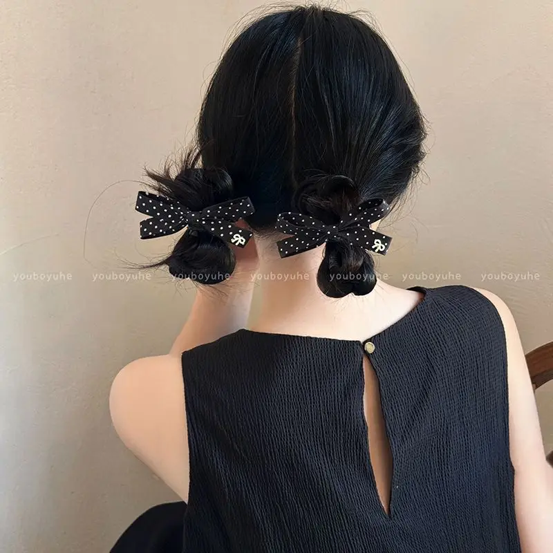 2pcs Sweet polka dot bow hair clip, side clip, French retro, niche, high-end bangs clip, bow hair accessory