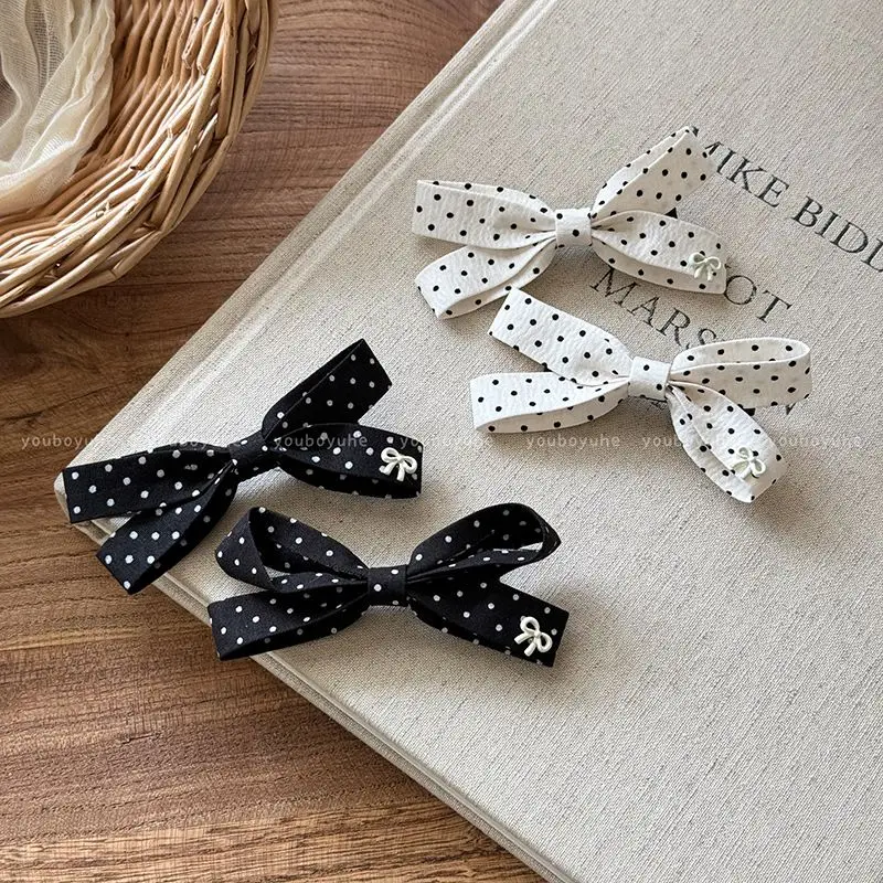 2pcs Sweet polka dot bow hair clip, side clip, French retro, niche, high-end bangs clip, bow hair accessory