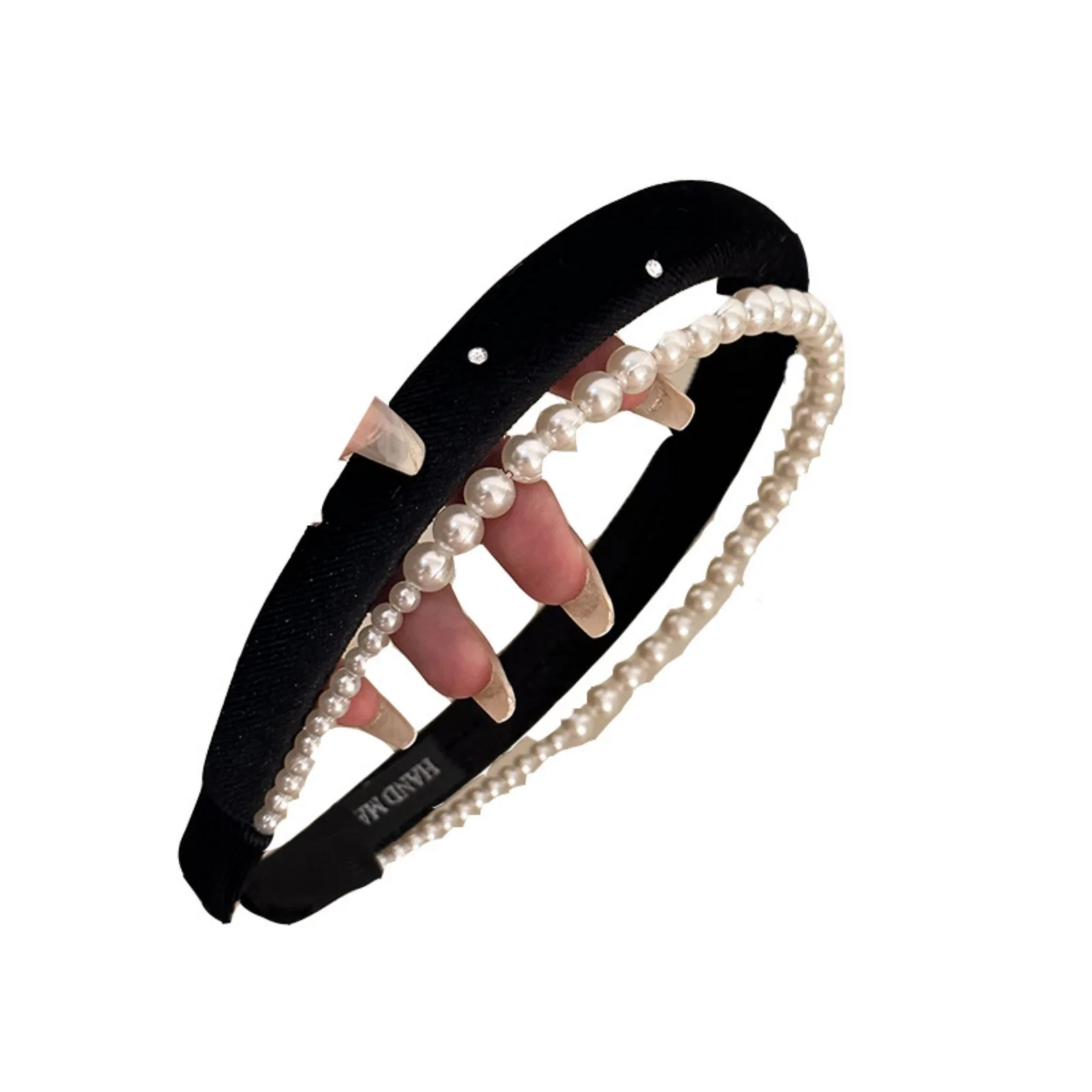 1Pc French Style High-Grade Double-Layer Pearl Headband,Black Velvet Sponge Hair Hoop,Retro Exquisite Hair Accessory for Women