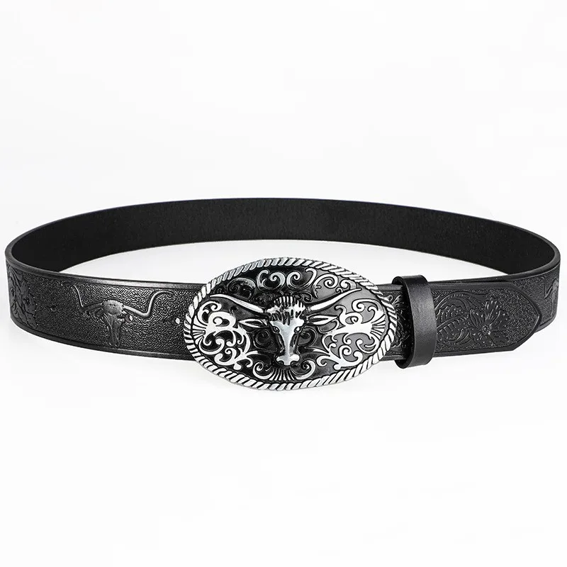 Retro Trendy Men's Bull Head Alloy Buckle Belt, Western - style Pressure Flower Relief Men's Personalized Ethnic Style Belt